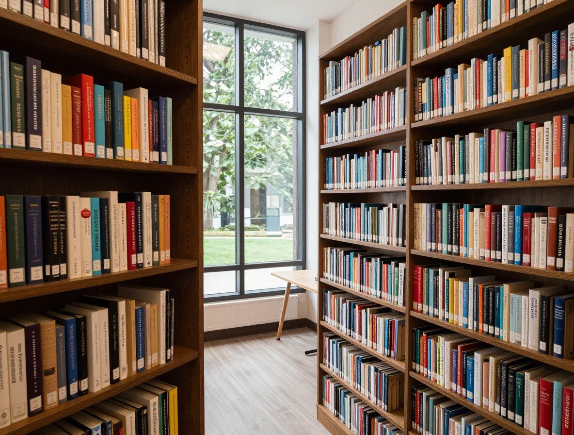 Biblioteca con estantes de libros cientificos y revistas de investigacion en nutricion iluminada por luz natural que entra por ventana alta, ambiente academico tranquilo y ordenado