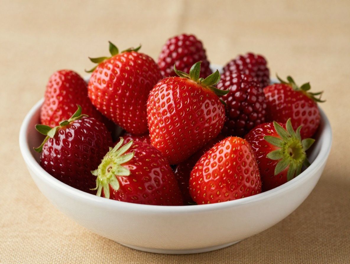 Surtido de bayas frescas incluyendo arandanos, frambuesas, fresas y moras en cuenco blanco sobre superficie de lino natural con luz suave de ventana