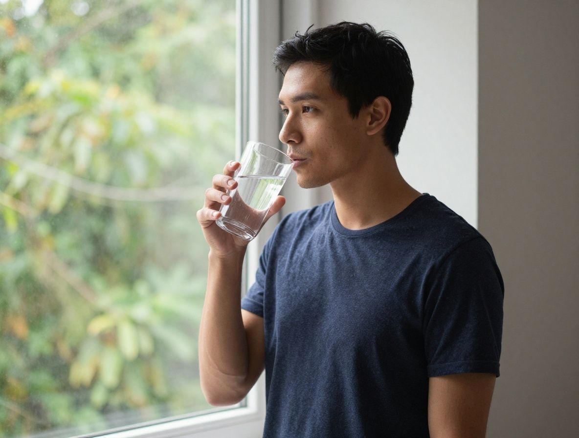 Persona sosteniendo vaso de agua cristalina en mano cerca de ventana con luz natural brillante, planta verde en fondo desenfocado, ambiente de hogar saludable y minimalista
