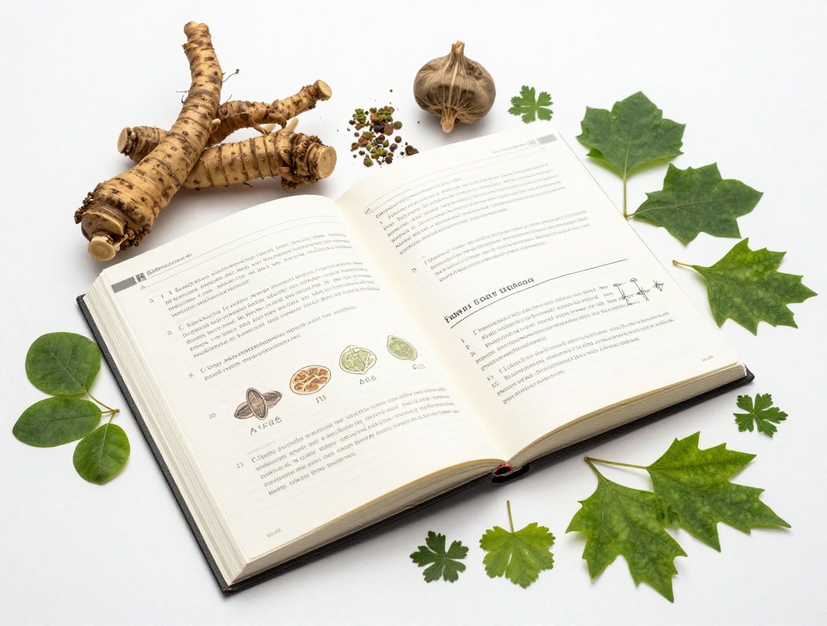 Vista aerea de cuaderno de investigacion abierto con anotaciones cientificas junto a muestras de ingredientes naturales como raices, semillas y hojas verdes sobre superficie blanca de laboratorio