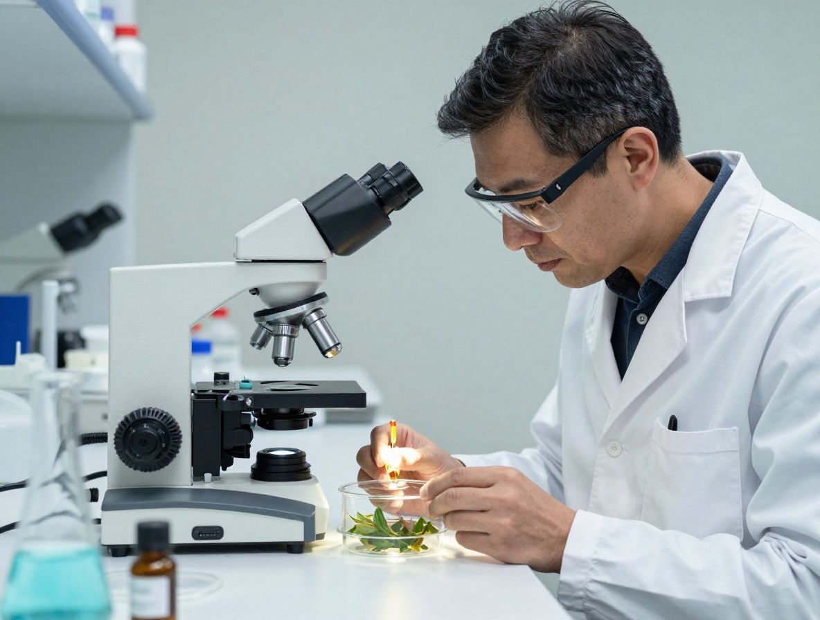 Investigador en laboratorio de nutricion examinando muestras de extractos vegetales en recipientes de vidrio bajo luz de microscopio, ambiente cientifico ordenado y moderno